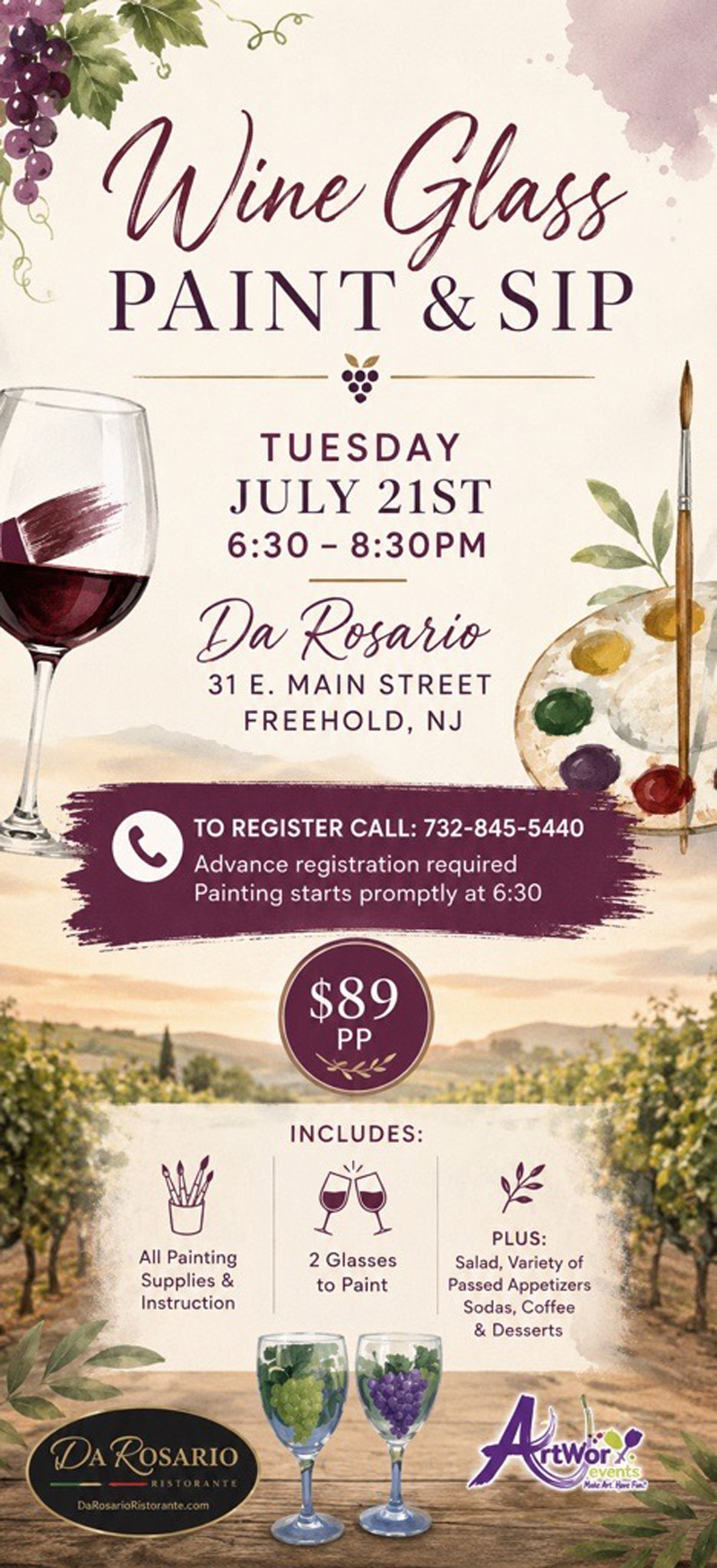 da rosario wine glass paint and sip july 21st 2026 specials
